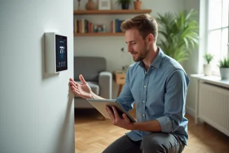 Homme d'âge moyen programme un thermostat intelligent dans un salon moderne