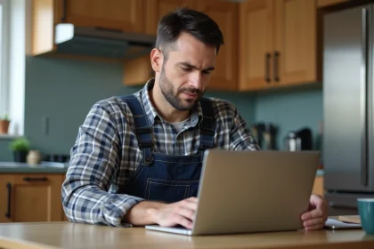 Homme d'âge moyen cherchant des outils de plomberie sur un ordinateur
