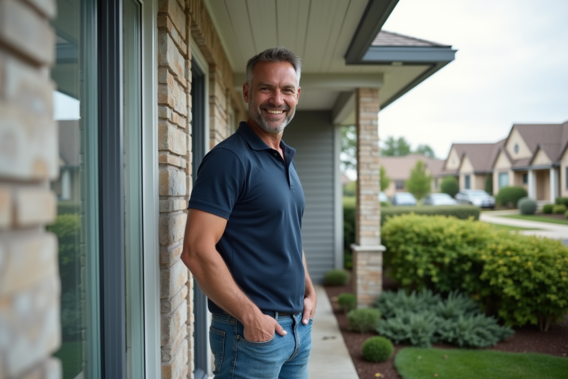 Homme en polo attachant des panneaux de façade