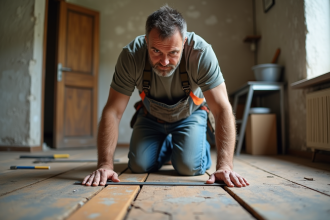 Homme en tenue casual vérifiant le parquet avec une règle