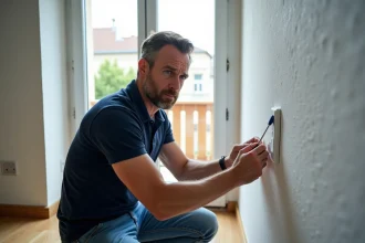 Homme en jeans et polo inspectant un volet roulant bloqué