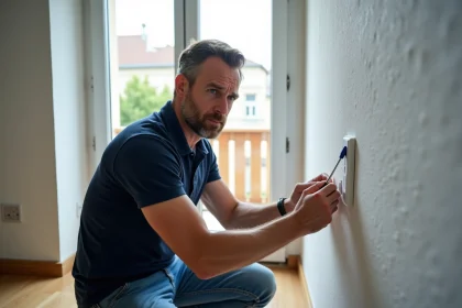 Homme en jeans et polo inspectant un volet roulant bloqué