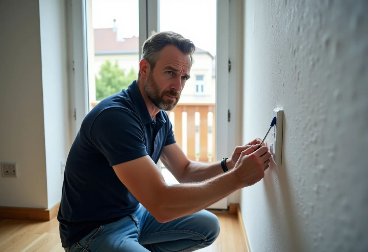 Homme en jeans et polo inspectant un volet roulant bloqué