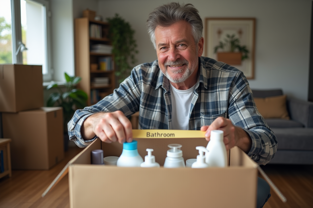 Homme middleaged scellant une boxe de déménagement dans le salon