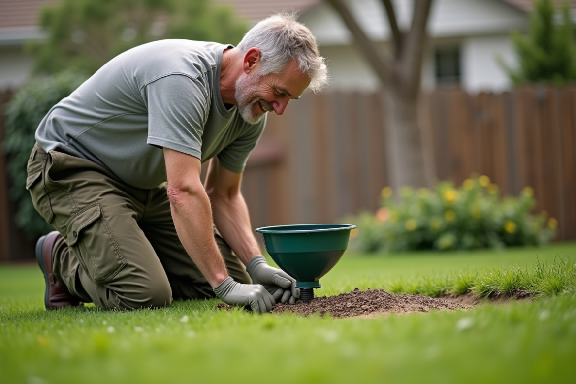 Homme en pantalon cargo resemenant la pelouse au printemps
