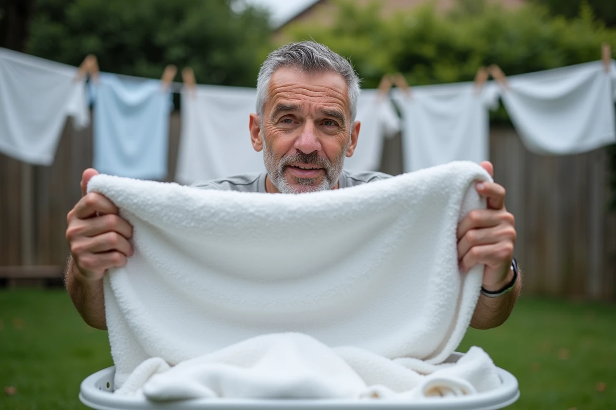 Homme tient une serviette blanche lavée dans un jardin