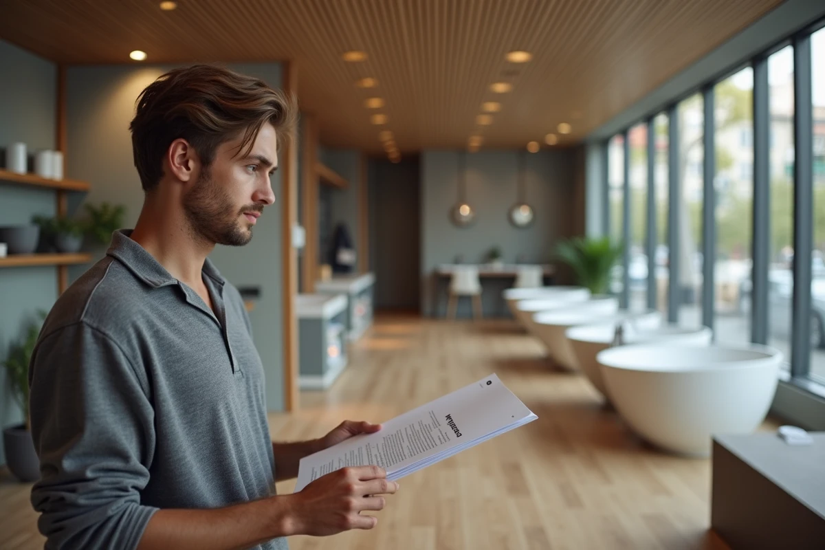 Jeune homme compare deux modèles de baignoires balneo dans un showroom