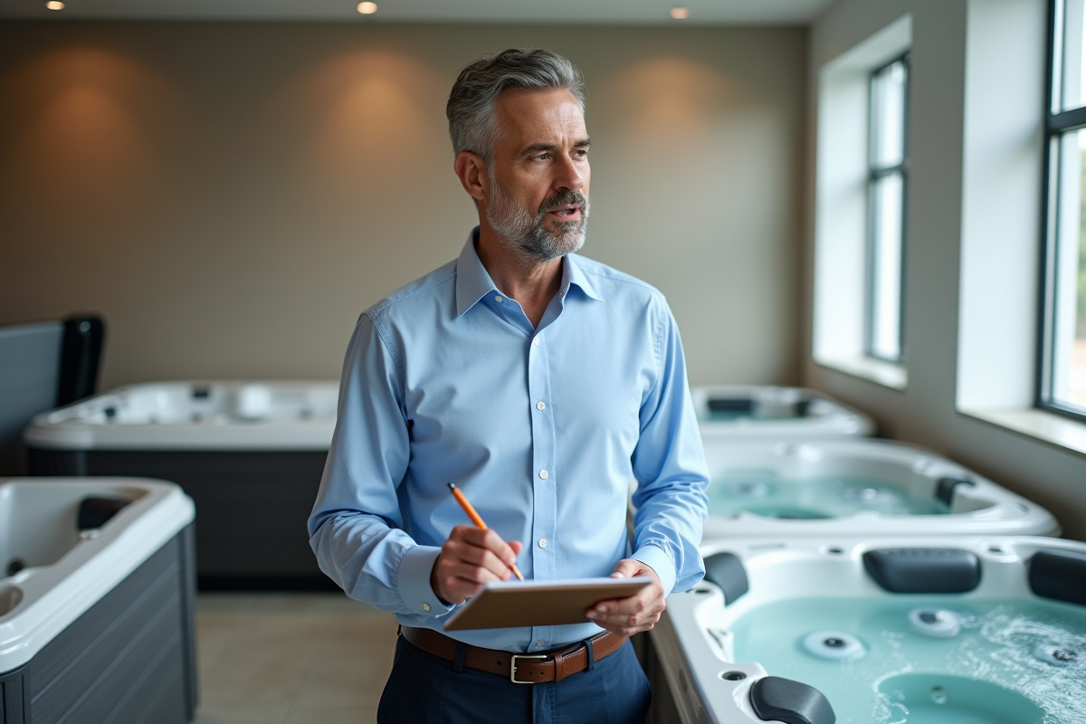 Homme en tenue professionnelle examine des spas en showroom