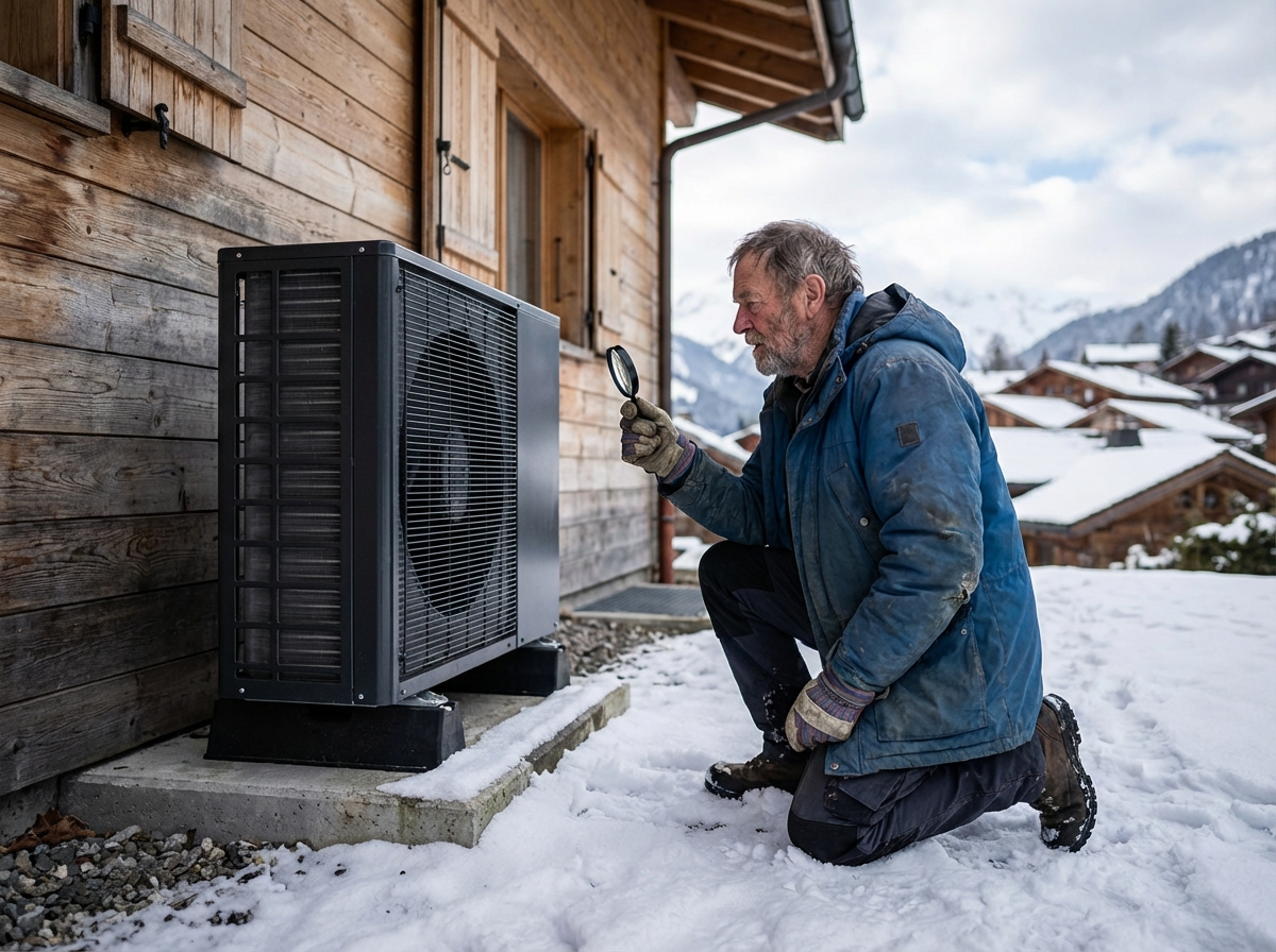 Homme suisse vérifiant une pompe à chaleur devant un chalet