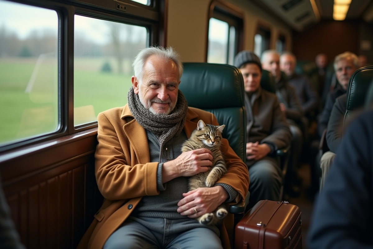 Homme âgé avec un chat dans un train en voyage