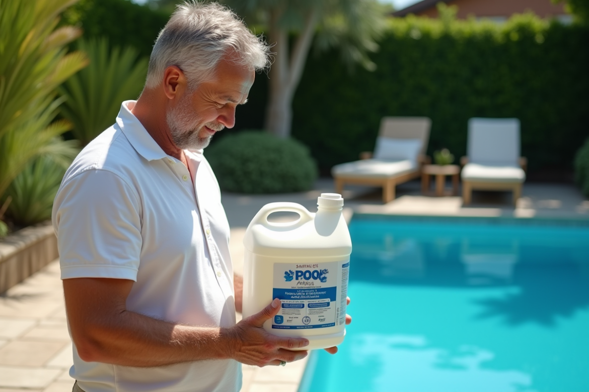 Homme en été tenant un traitement de piscine à côté d'une piscine