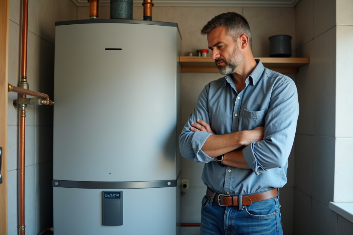 Homme vérifiant un chauffe-eau moderne dans une pièce technique