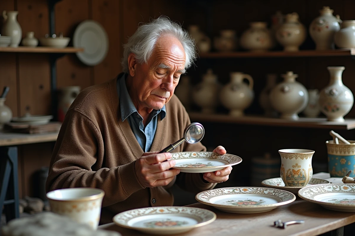 Homme inspectant une assiette en faience dans un atelier