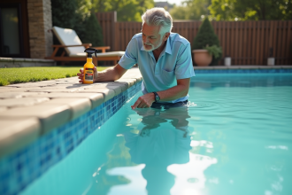 Homme examinant le liner de piscine avec vinaigre