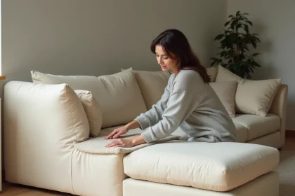 Housse extensible beige anti-taches sur canapé méridienne dans un salon scandinave moderne