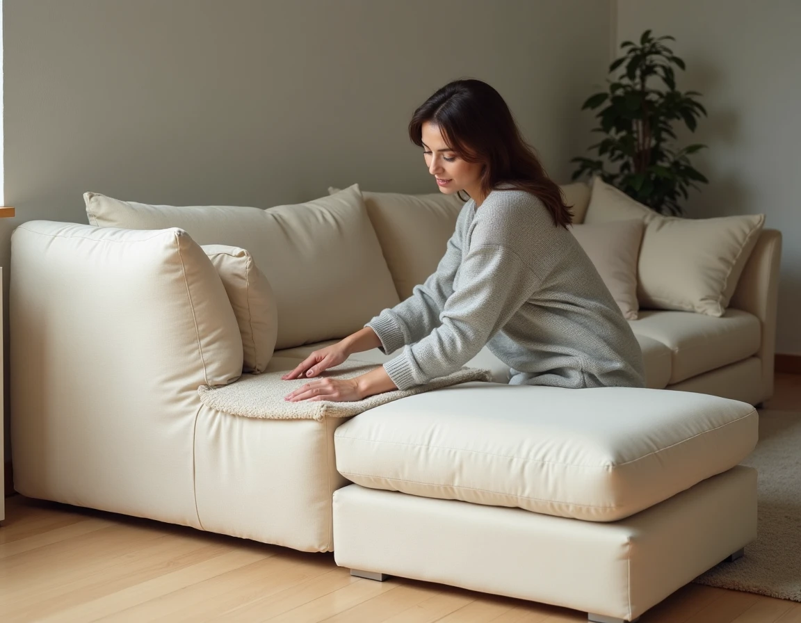 Housse extensible beige anti-taches sur canapé méridienne dans un salon scandinave moderne