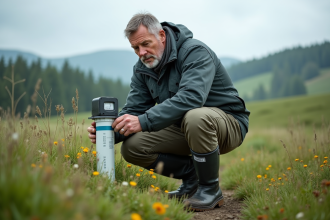Hydrologiste posant un pluviometre dans un champ verdoyant