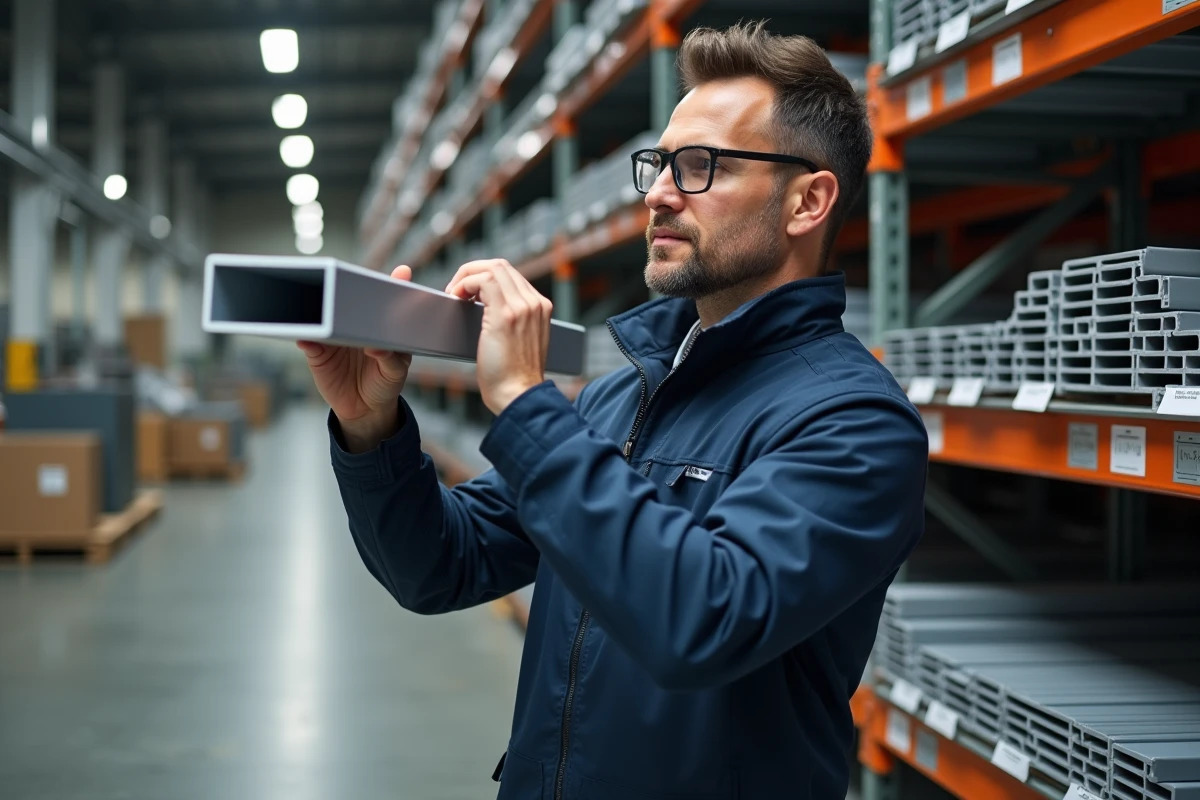 Ingénieur examinant un tube aluminium rectangulaire dans un entrepôt de distribution de profilés métalliques, évaluation de la qualité et des dimensions