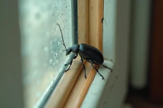 Gros plan d'un insecte noir sur le bord humide d'un cadre de fenêtre intérieur