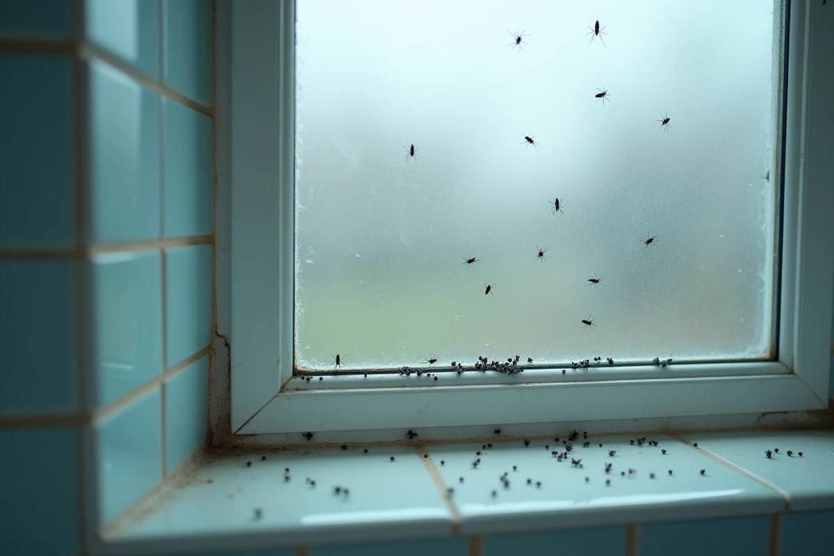 Vue large d'une fenêtre de salle de bain humide avec des insectes noirs sur la vitre et le joint
