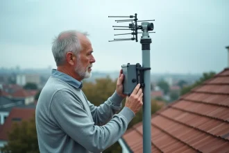 Homme inspectant un amplificateur d'antenne TNT sur un toit de maison en zone urbaine
