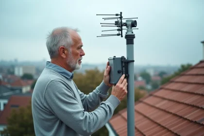 Homme inspectant un amplificateur d'antenne TNT sur un toit de maison en zone urbaine