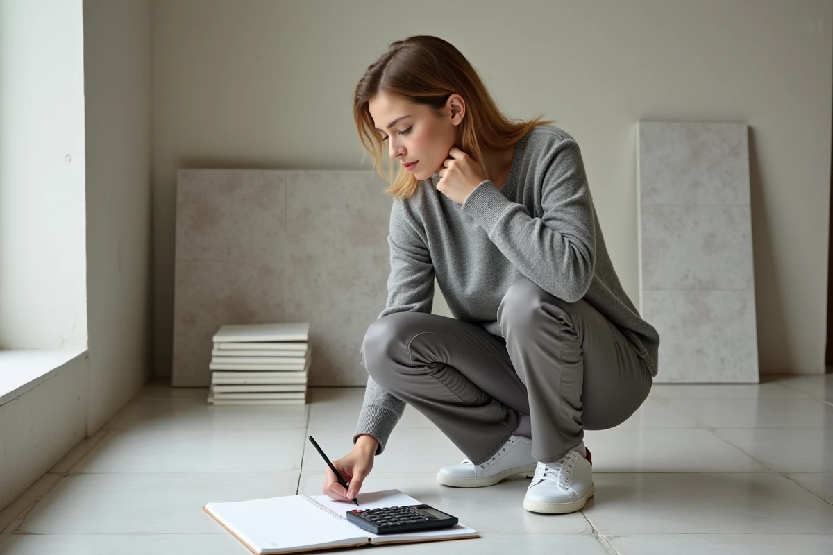 Jeune femme inspecte carrelage dans appartement en rénovation