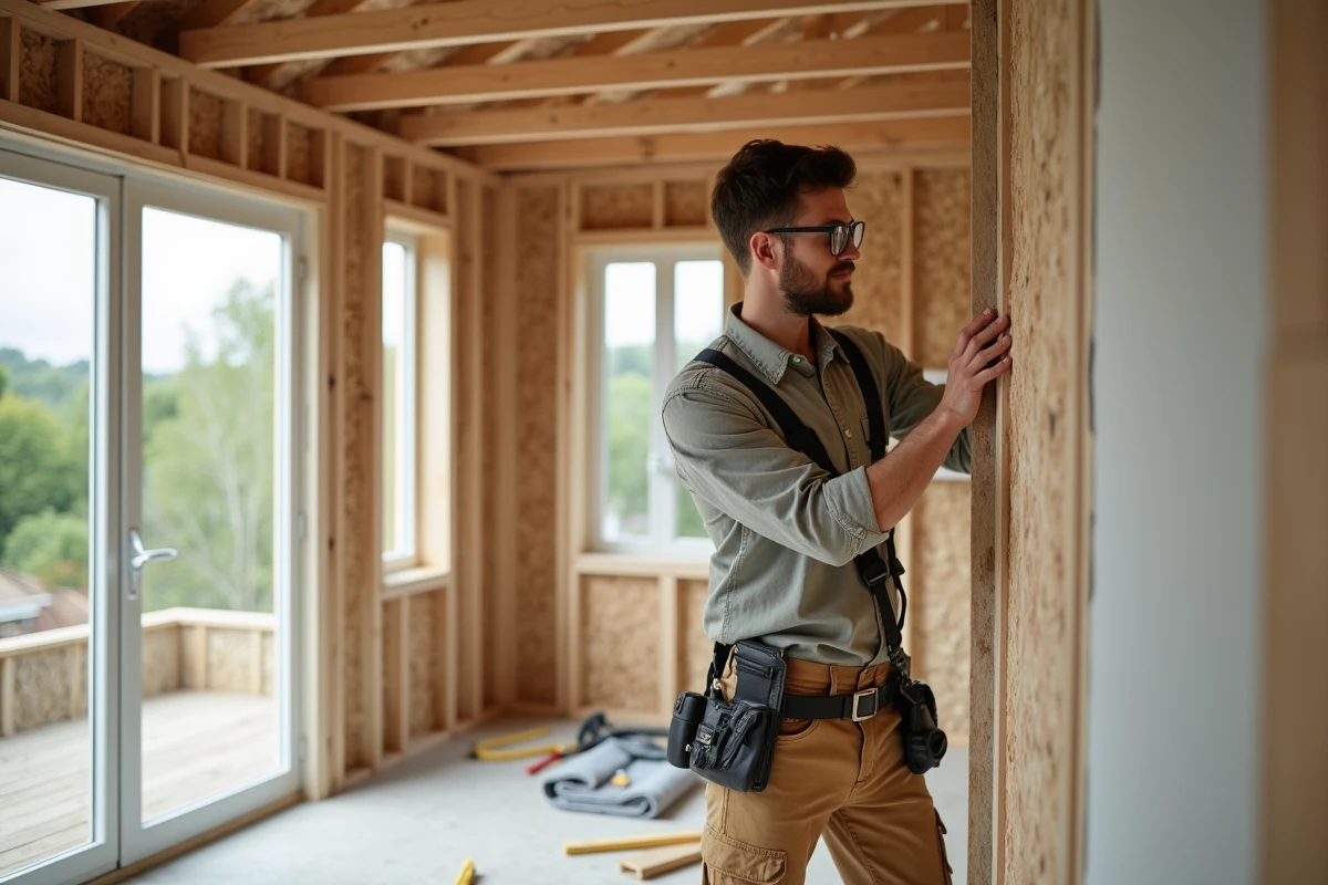 Jeune homme posant des panneaux d
