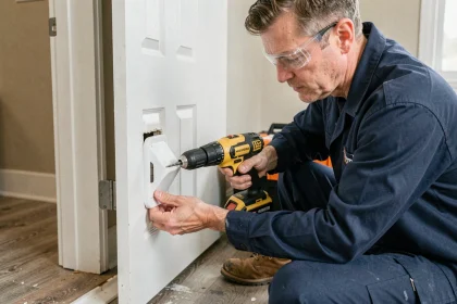 Installateur professionnel posant une chatière dans une porte PVC blanche à l'aide d'une perceuse sans fil