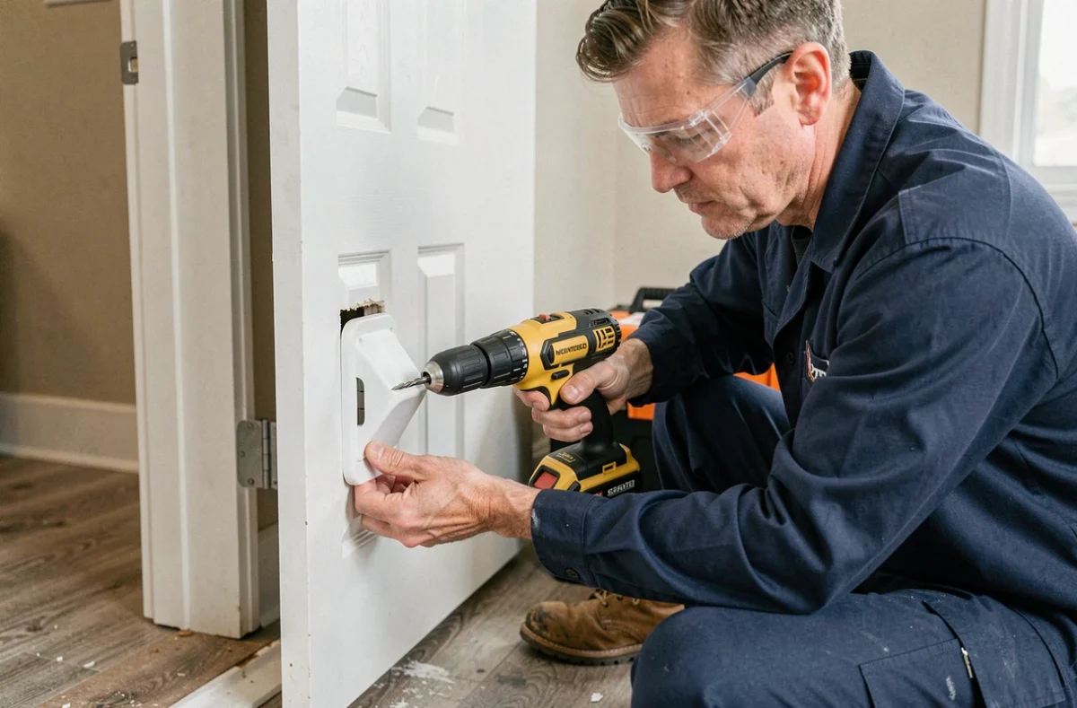 Installateur professionnel posant une chatière dans une porte PVC blanche à l'aide d'une perceuse sans fil