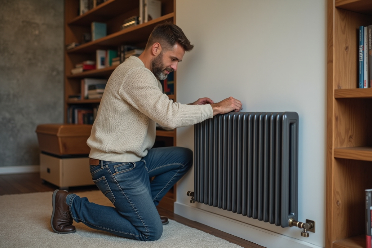Homme moyenâgeux installant un radiateur mural dans un sous-sol moderne