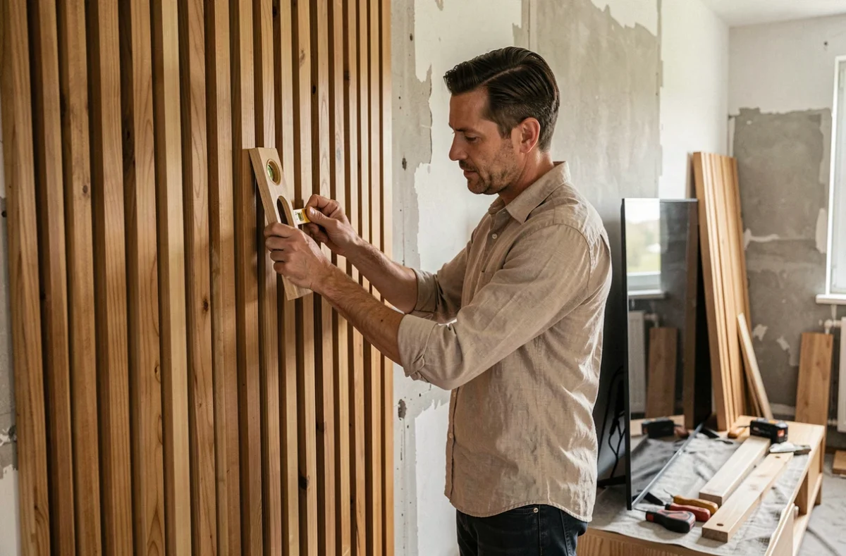 Homme installant des tasseaux bois sur un mur TV en cours de rénovation dans un salon moderne