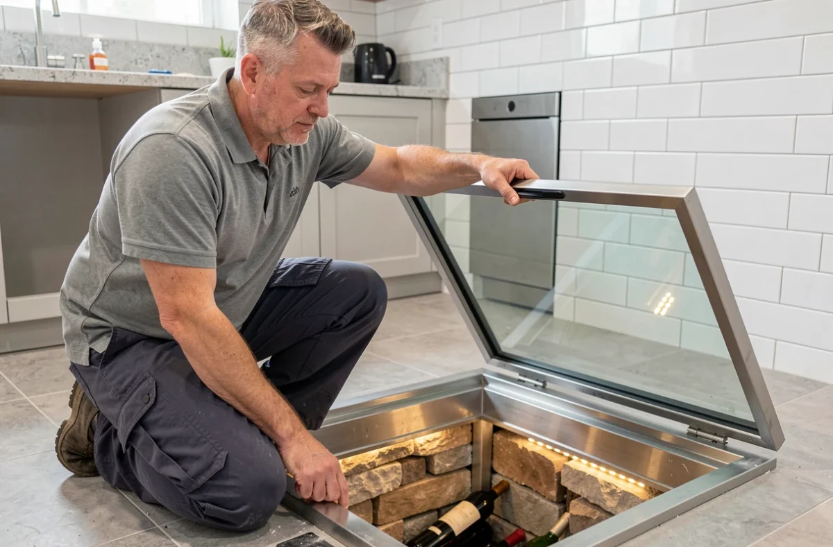 Installateur posant une trappe en verre dans une cuisine rénovée avec cave équipée d'un éclairage LED intégré