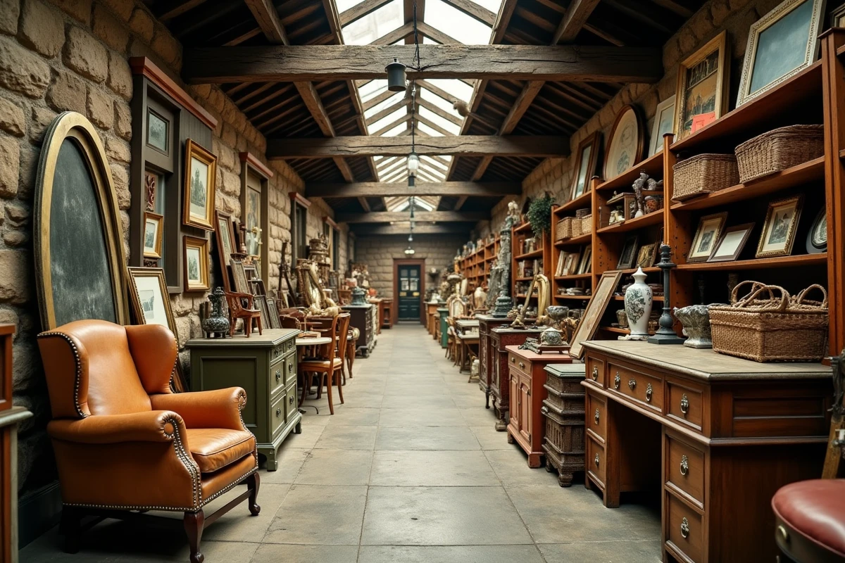 Intérieur d'un atelier brocante avec mobilier ancien, miroirs dorés et étagères chargées d'objets vintage