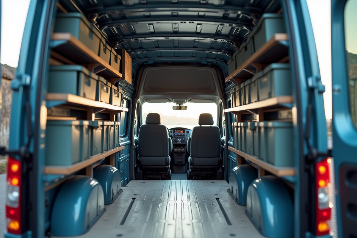 Intérieur du van avec rangements et bacs en plastique sécurisés