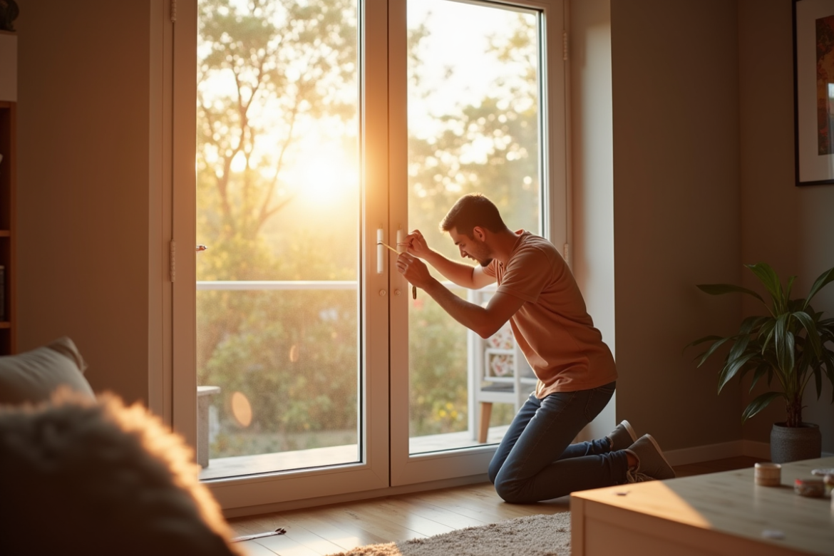 Personne appliquant joint d'étanchéité sur une fenêtre moderne