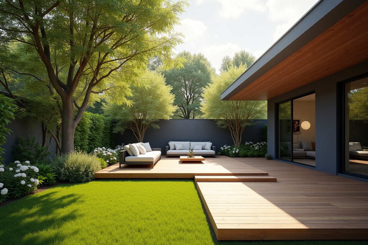 Jardin moderne avec terrasse en bois et espace détente