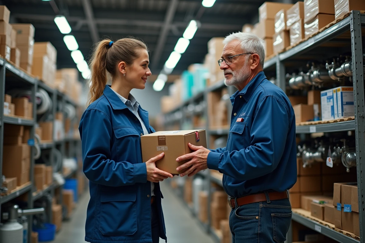 Jeune apprentie en magasin de plomberie avec un kit et un conseiller