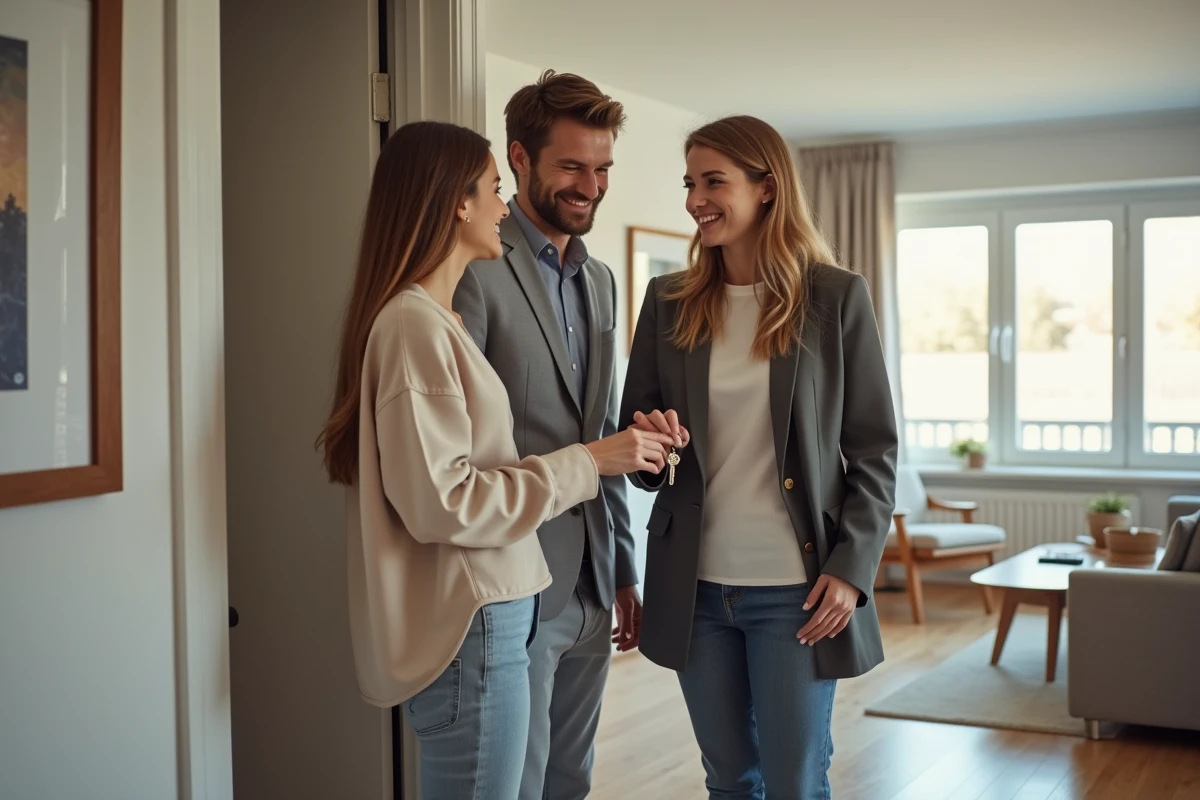 Jeune couple recevant les clés dans un appartement moderne