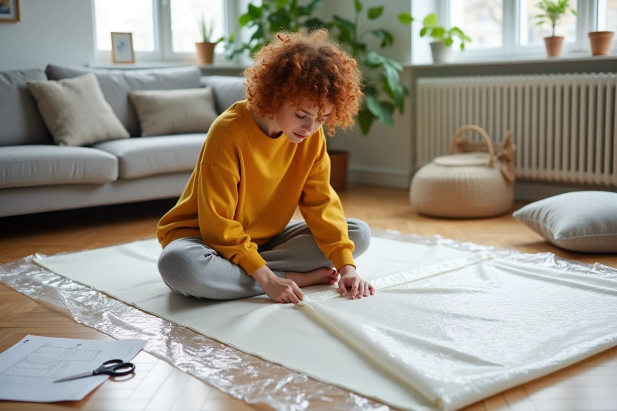 Jeune personne assise au sol examinant une bâche à bulle cousue maison dans un salon moderne, apprentissage de la couture pour débutants