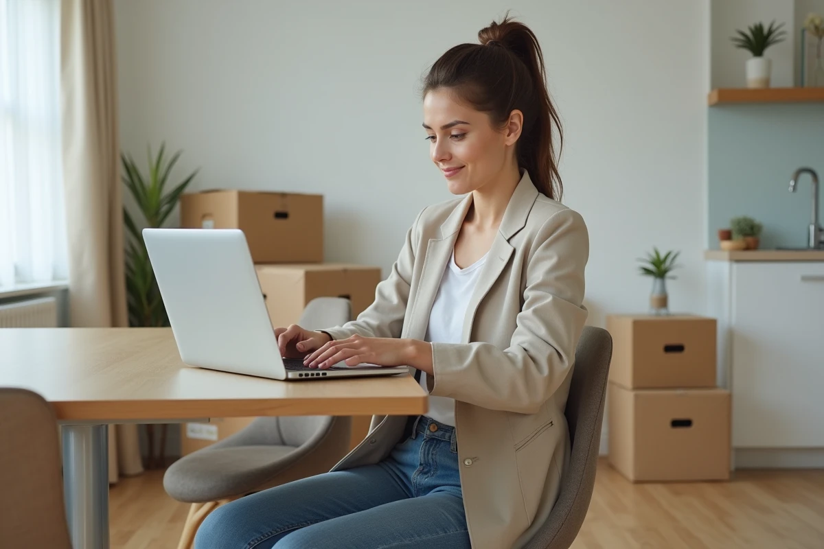 Jeune femme en blazer regardant son ordinateur dans un appartement