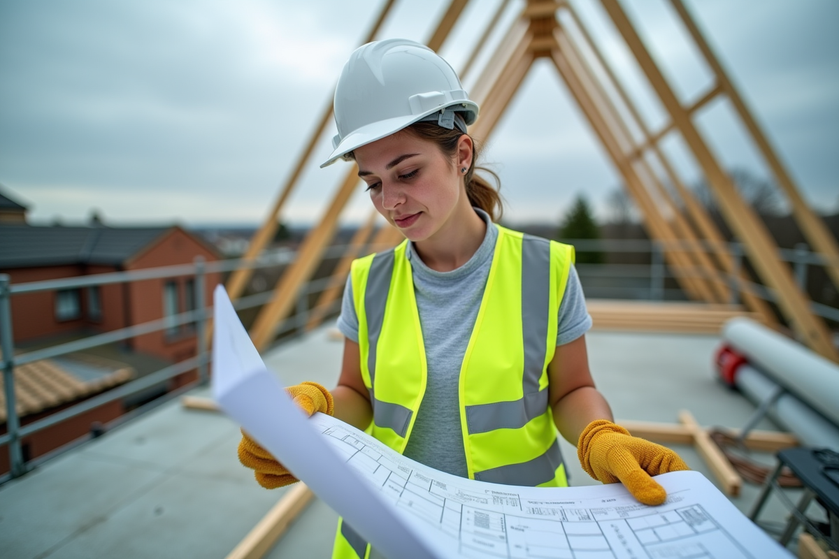 Jeune femme en gilet de sécurité examine des plans