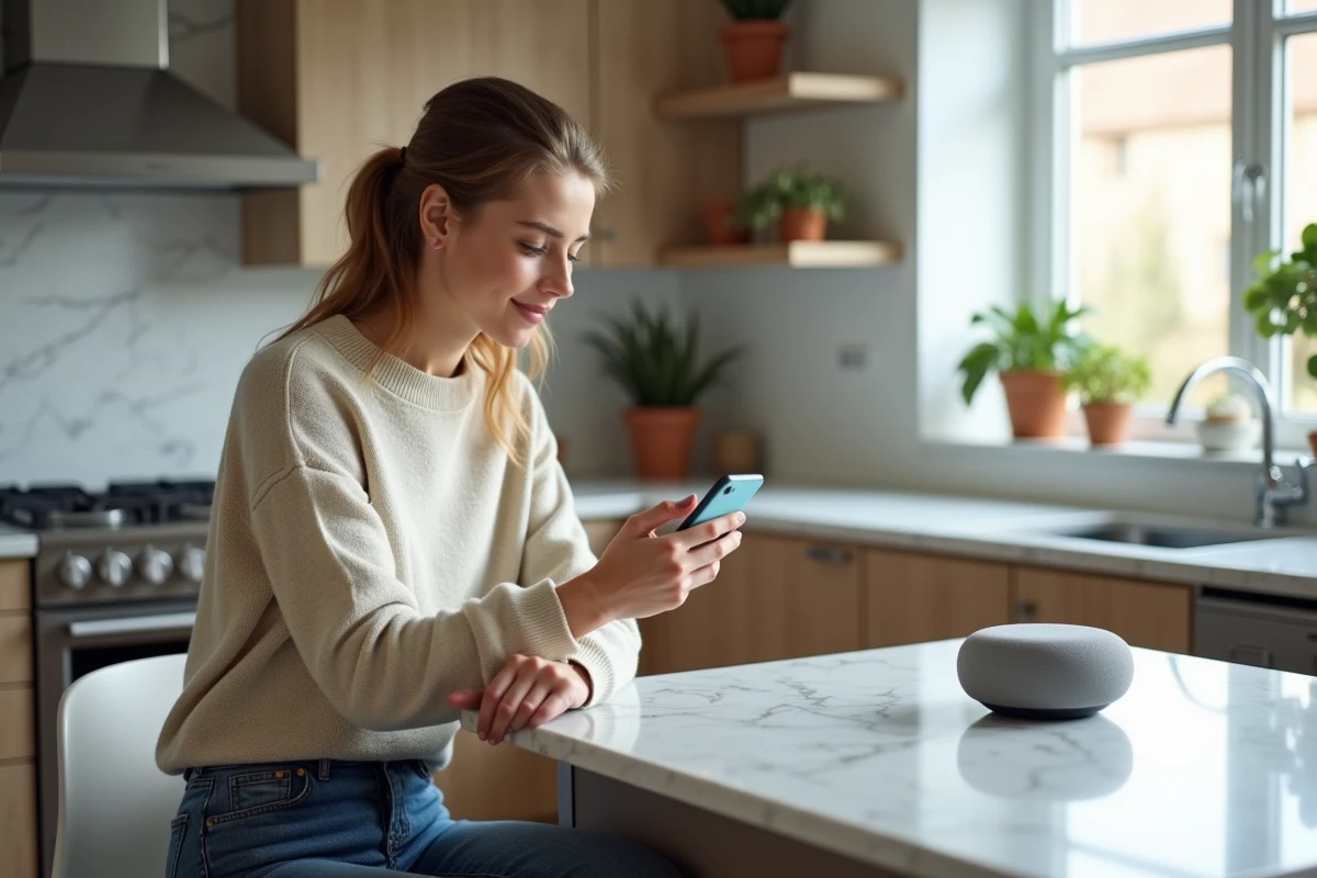 Jeune femme configure un haut-parleur connecté dans une cuisine contemporaine