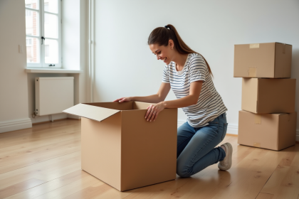 Jeune femme emballant une grande boxe en carton dans un appartement lumineux