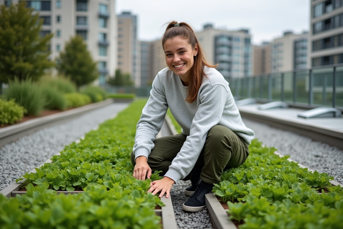Jeune femme inspectant un toit vert avec plantes