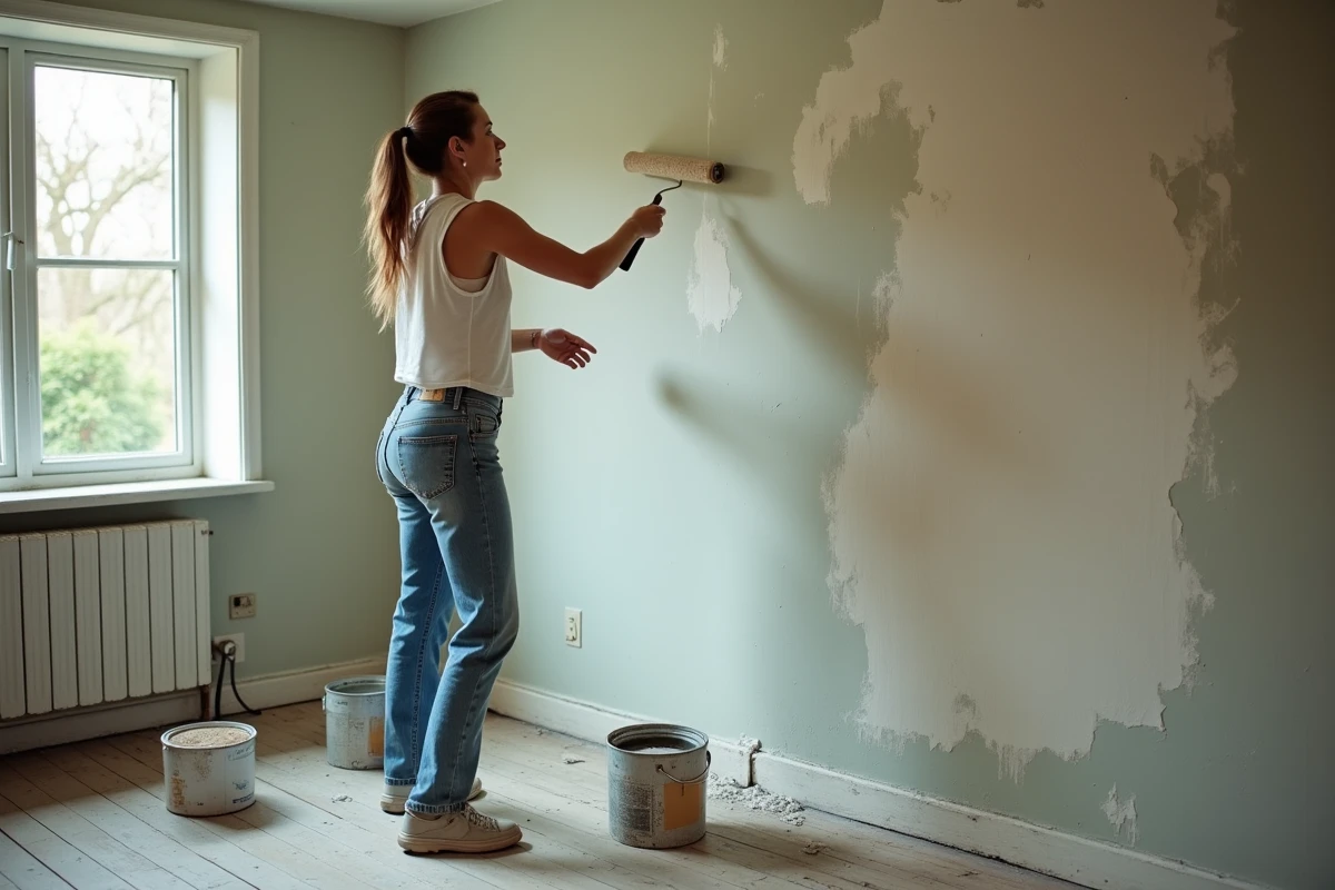 Jeune femme peignant un mur usé dans une vieille maison