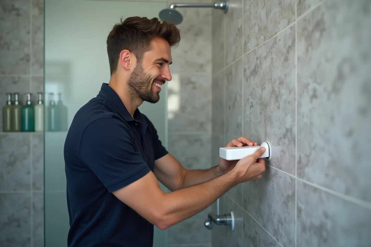 Jeune homme montrant comment fixer un porte-savon ventouse