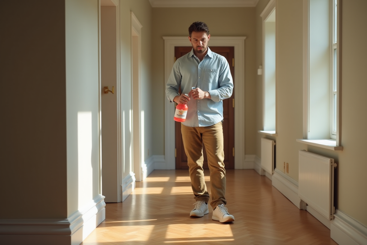 Jeune homme utilisant un spray vinaigre dans le couloir