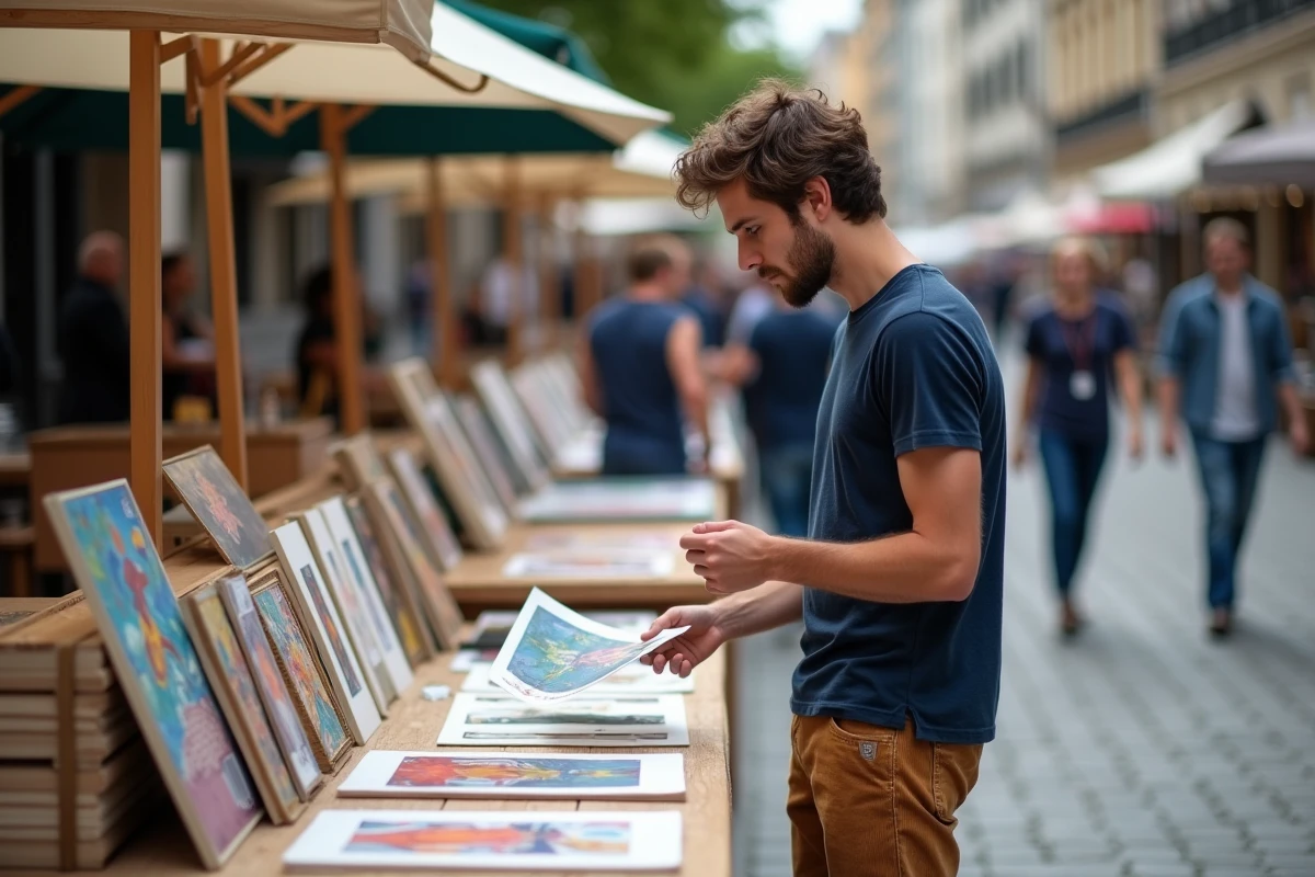 Jeune homme regardant des impressions d