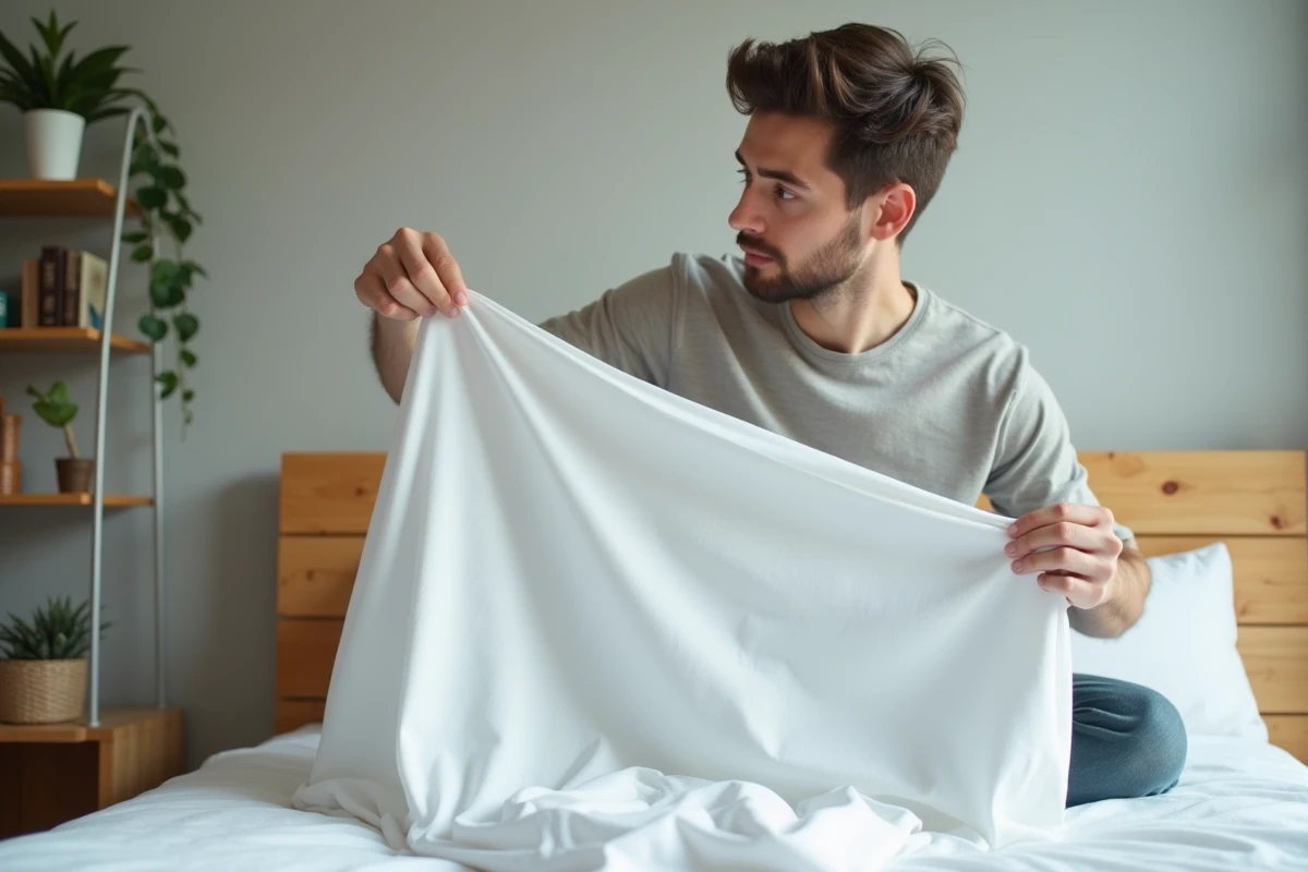 Jeune homme inspectant un drap blanc dans la chambre
